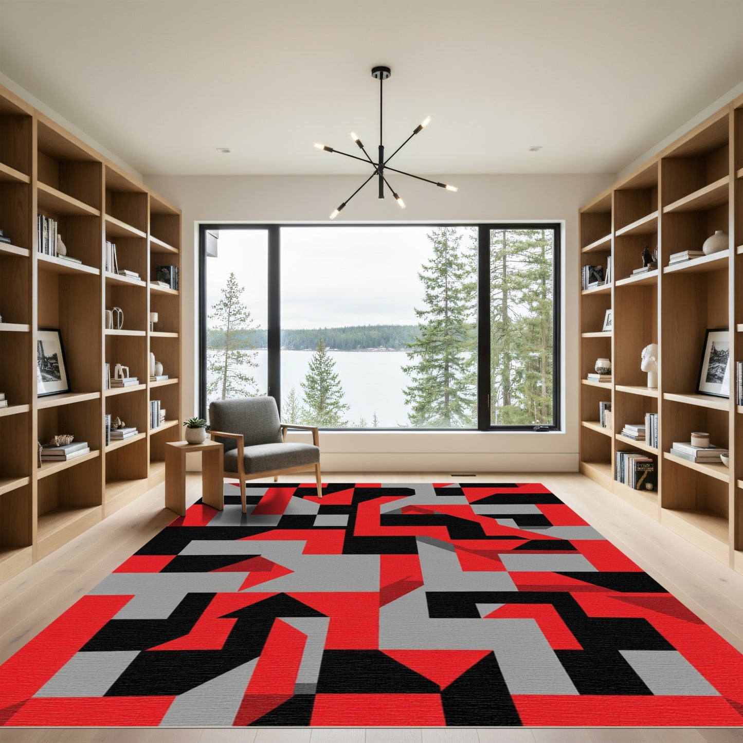 Bold Red Black Geometric Abstract Rug
