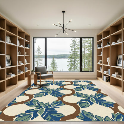 Brown Trellis Blue Foliage Rug