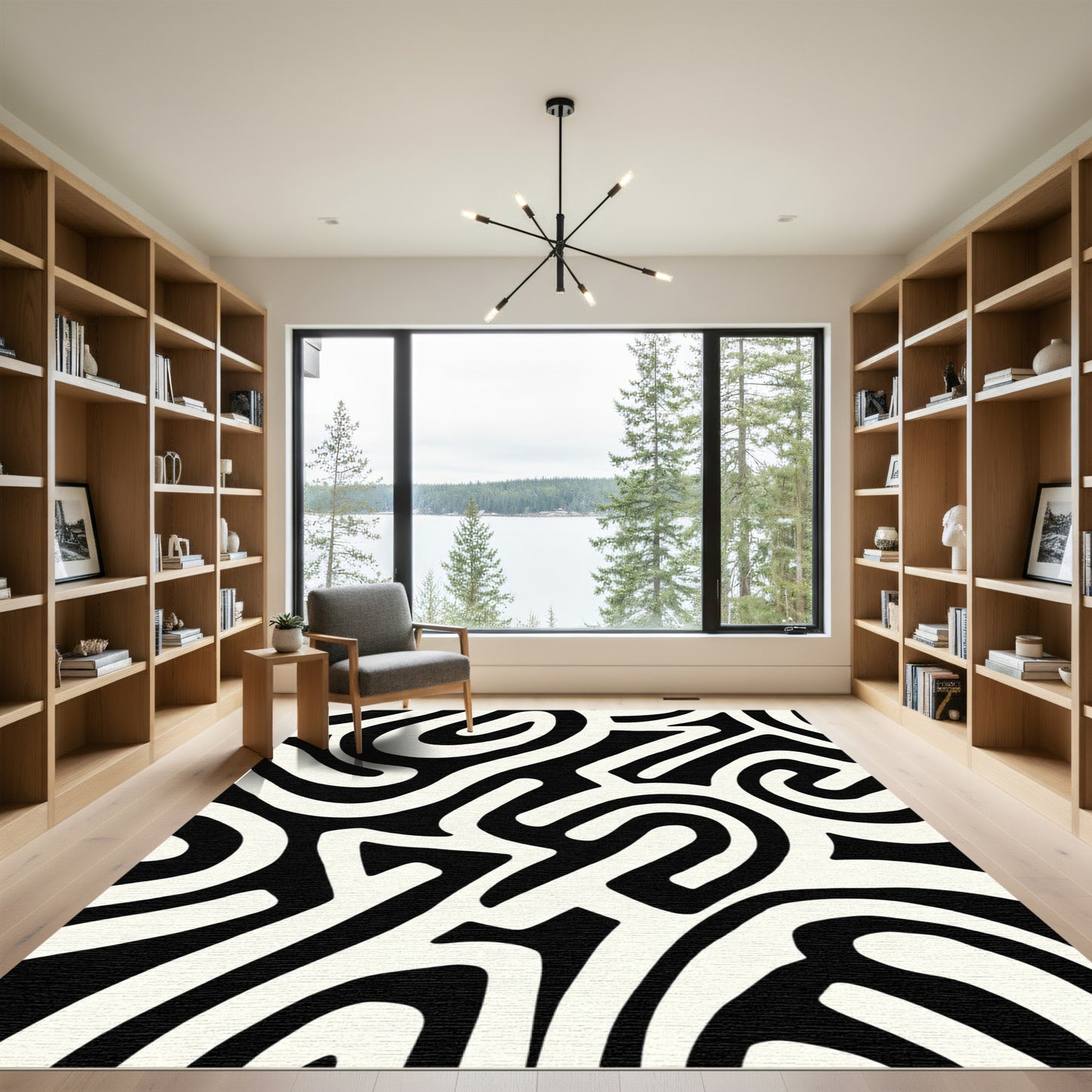 Bold Black White Abstract Swirl Rug