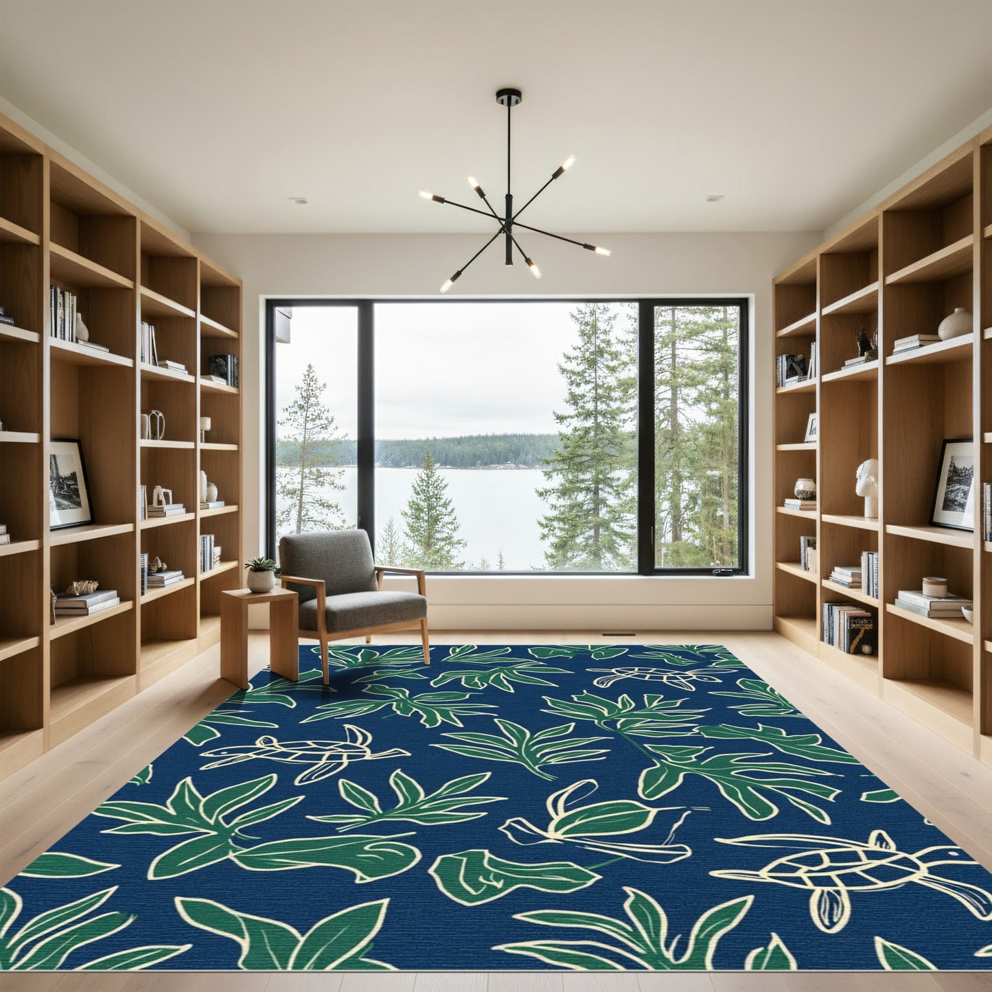 Navy Blue Tropical Turtle Leaf Collage Rug