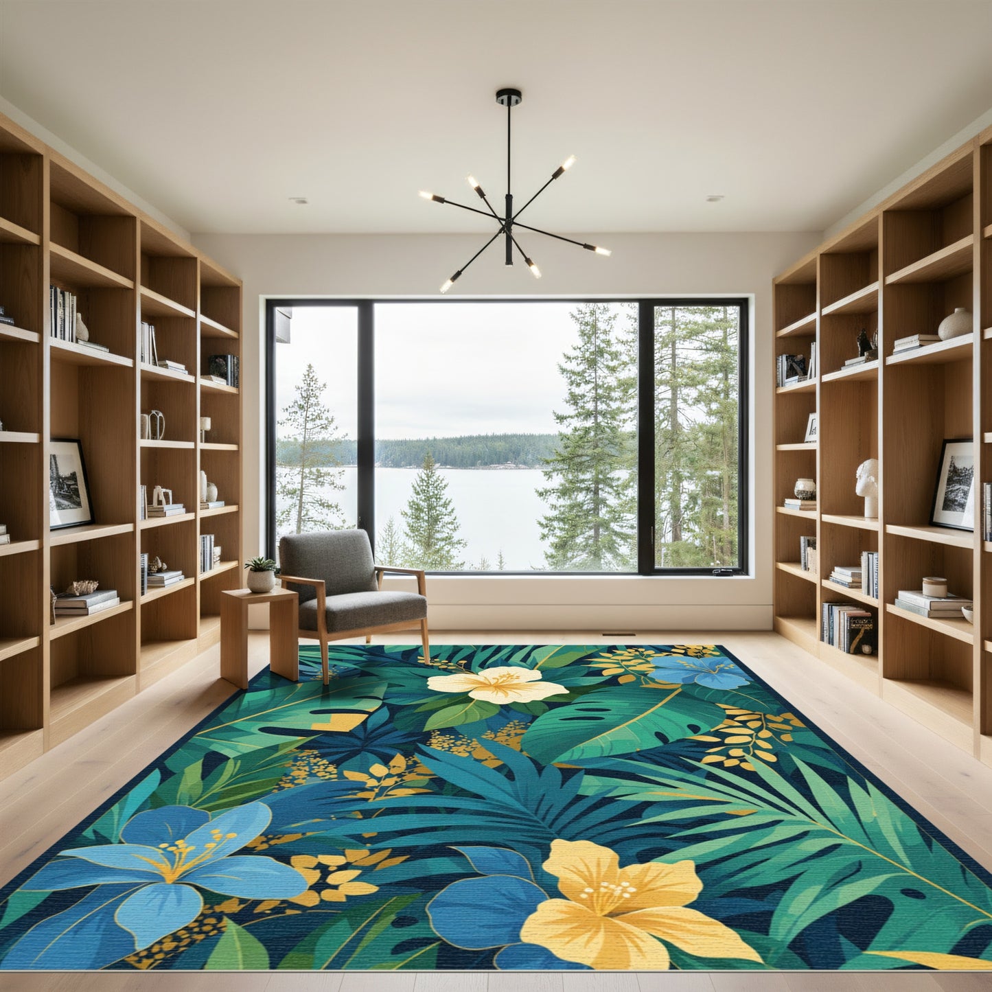 Tropical Emerald Teal Gold Floral Garden Rug