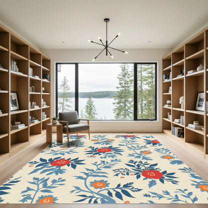 Crimson Orange Blue Floral Garden Rug