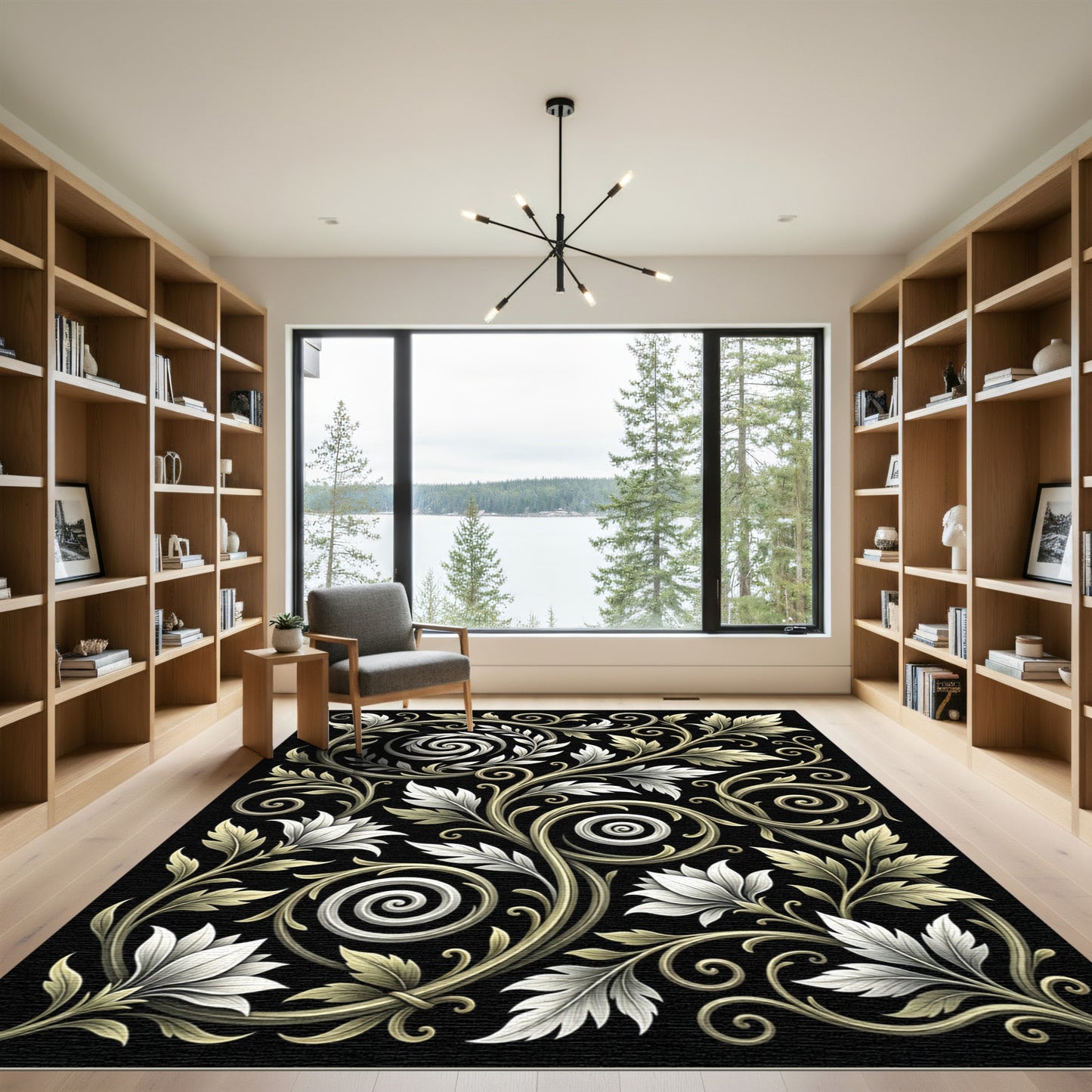 White and Gold Floral Scrollwork Rug