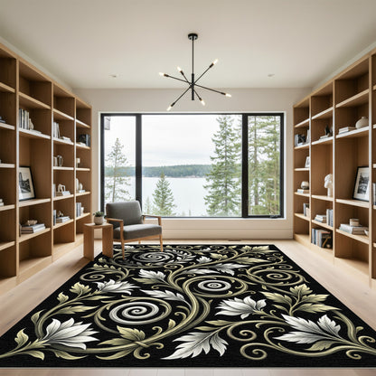 White and Gold Floral Scrollwork Rug