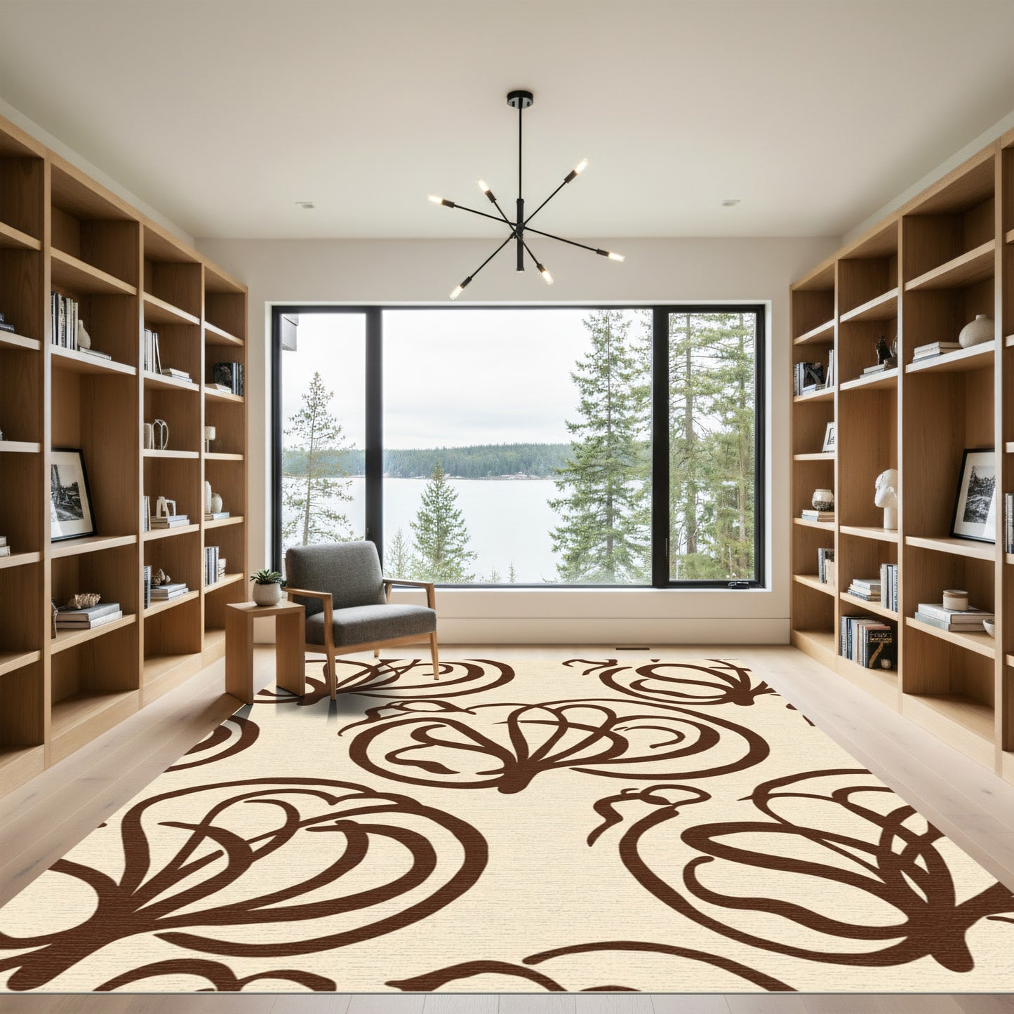 Cream Brown Abstract Floral Swirl Rug