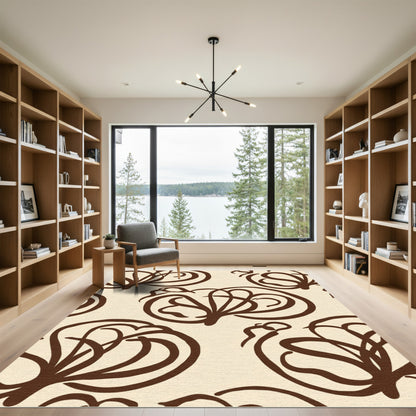 Cream Brown Abstract Floral Swirl Rug