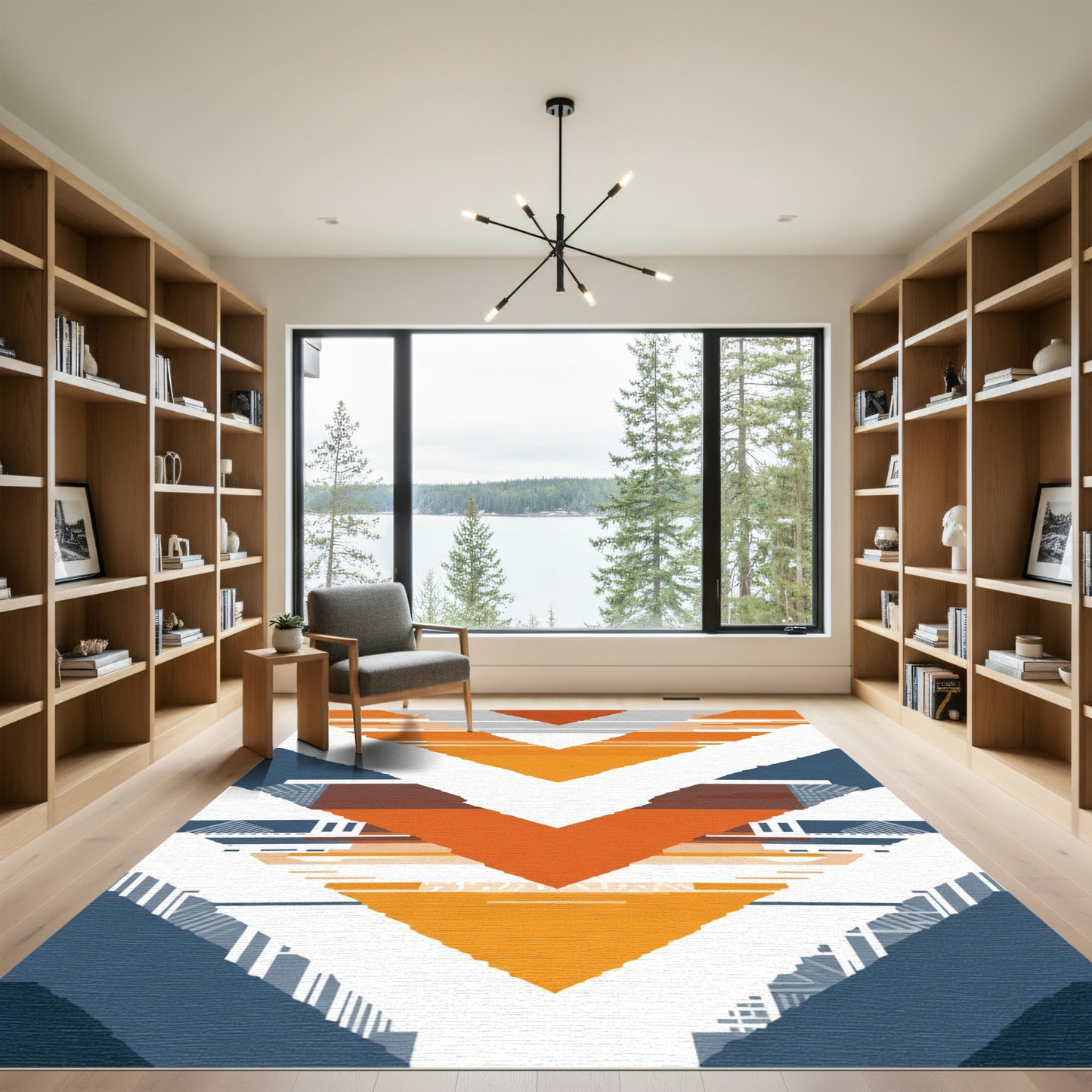 Modern Geometric Orange Blue Chevron Rug