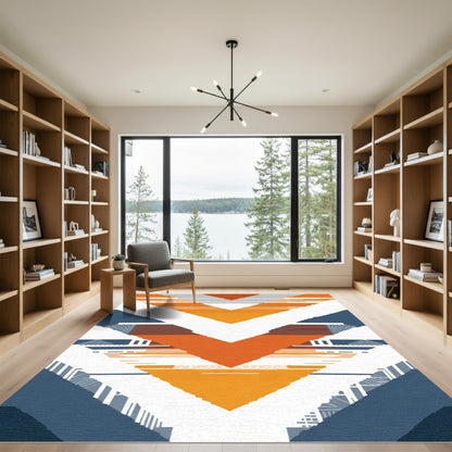 Modern Geometric Orange Blue Chevron Rug