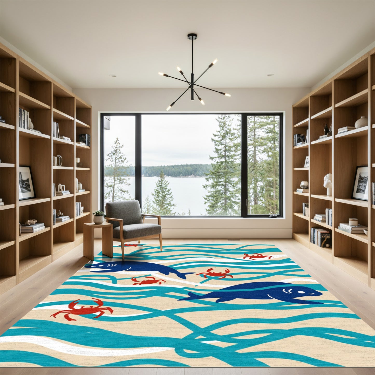 Whimsical Blue Seals Red Crabs Waves Rug