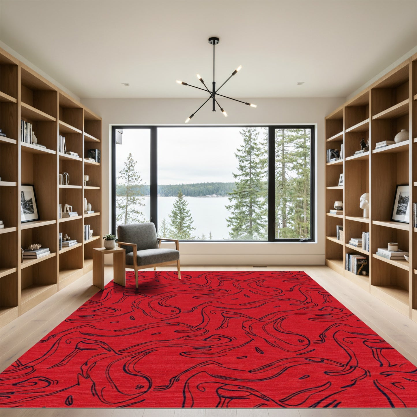 Crimson Abstract Swirl Line Art Rug