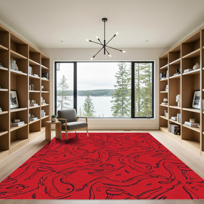 Crimson Abstract Swirl Line Art Rug