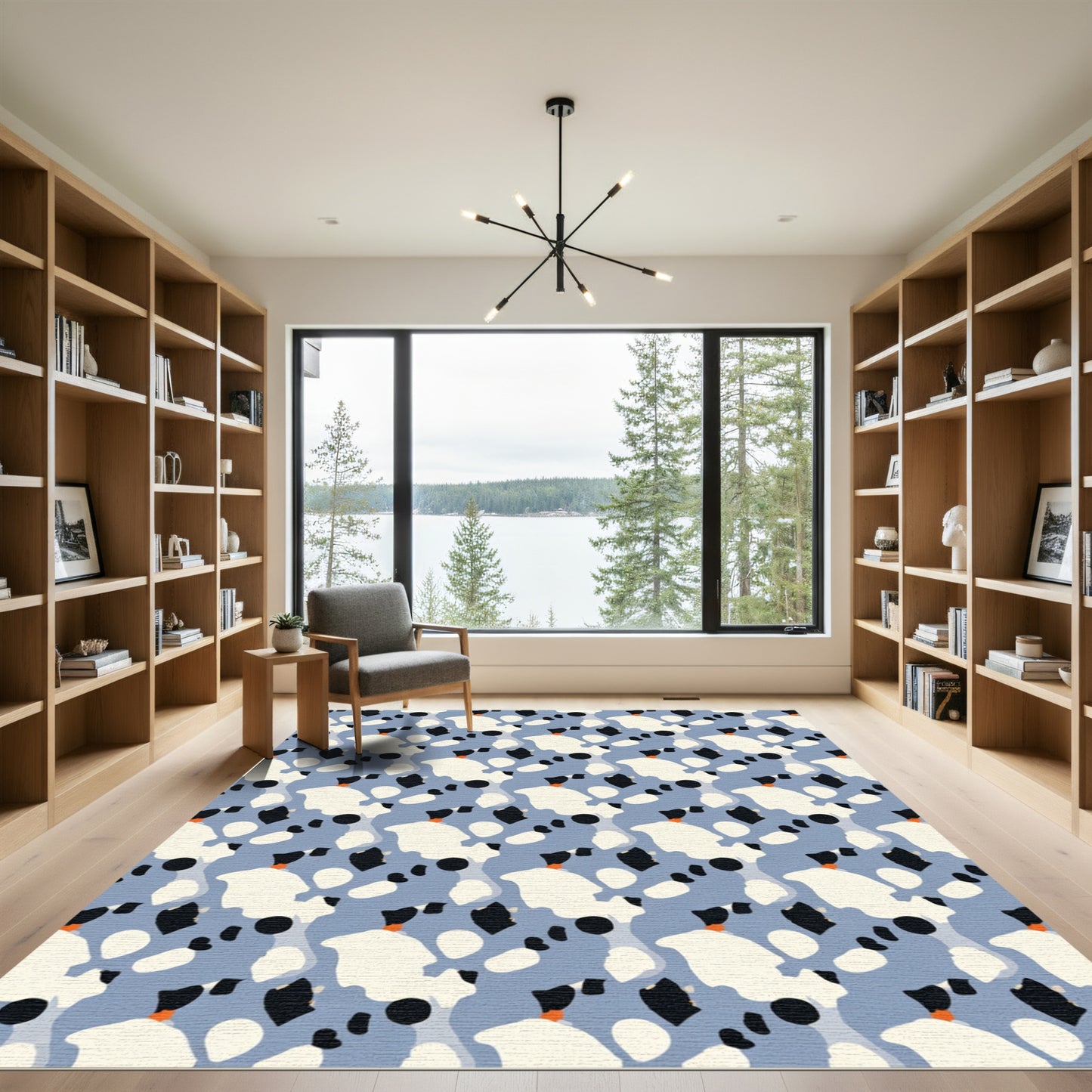 Abstract Blue Black Ivory Orange Shapes Rug