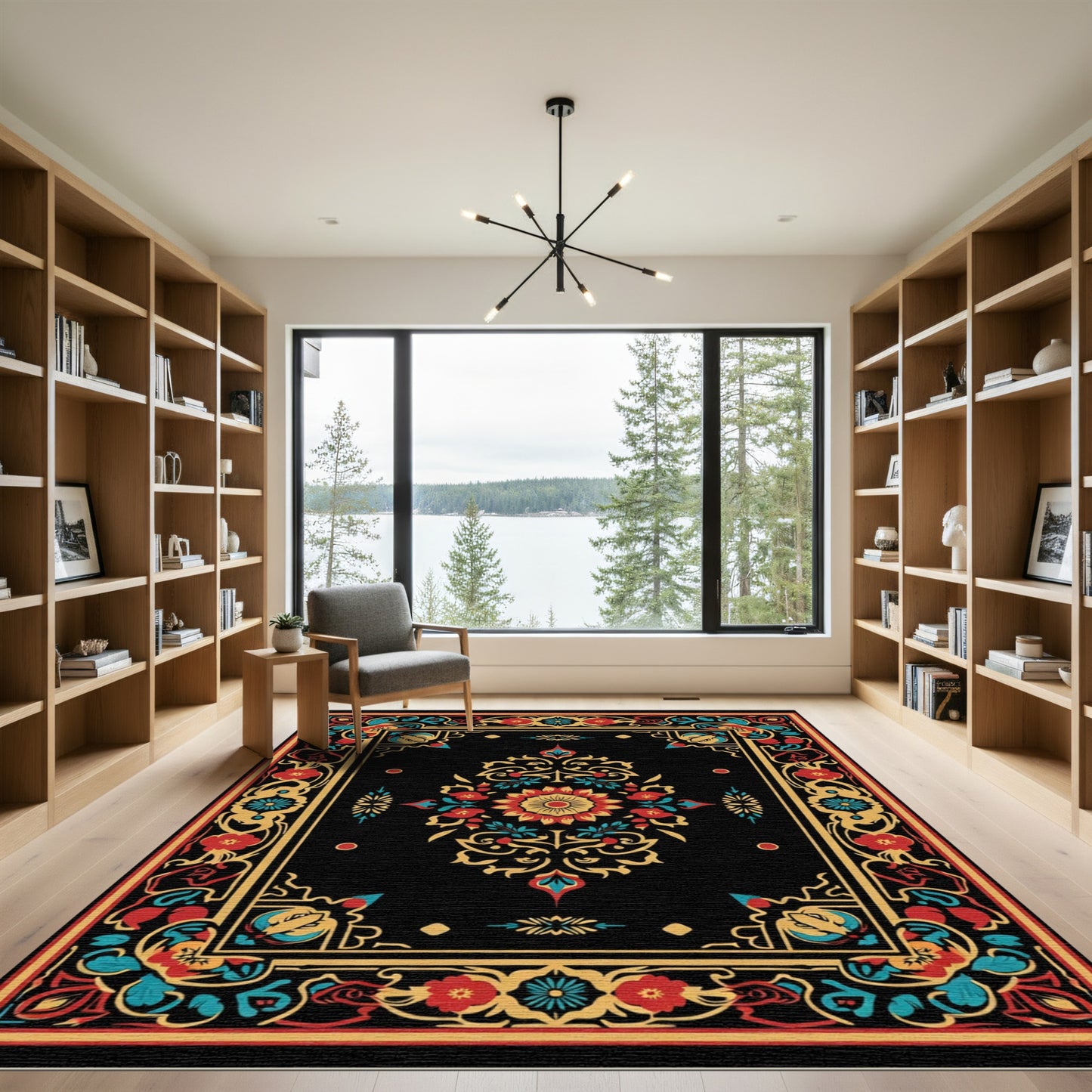 Black Floral Medallion With Red Accent Rug