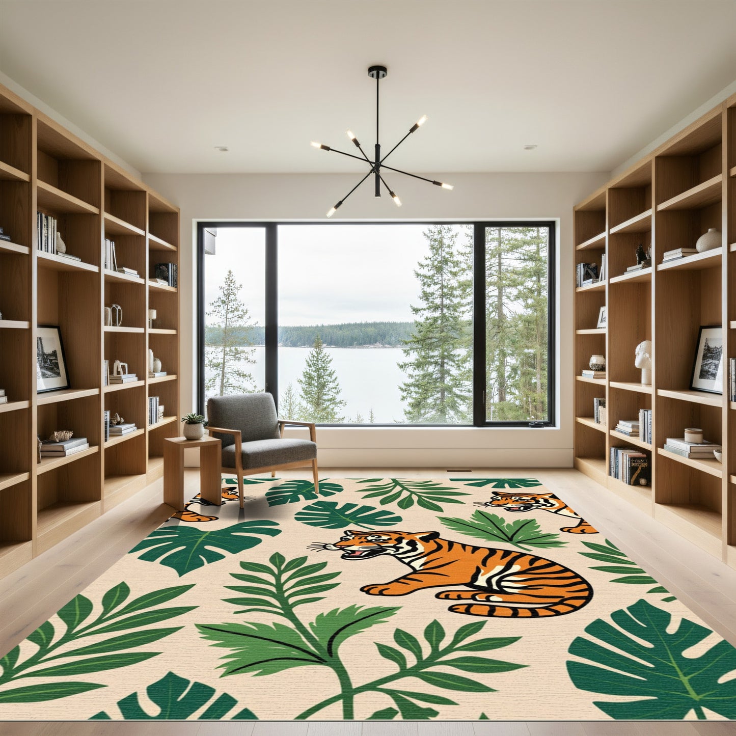 Bold Orange Tiger Tropical Leaves Rug