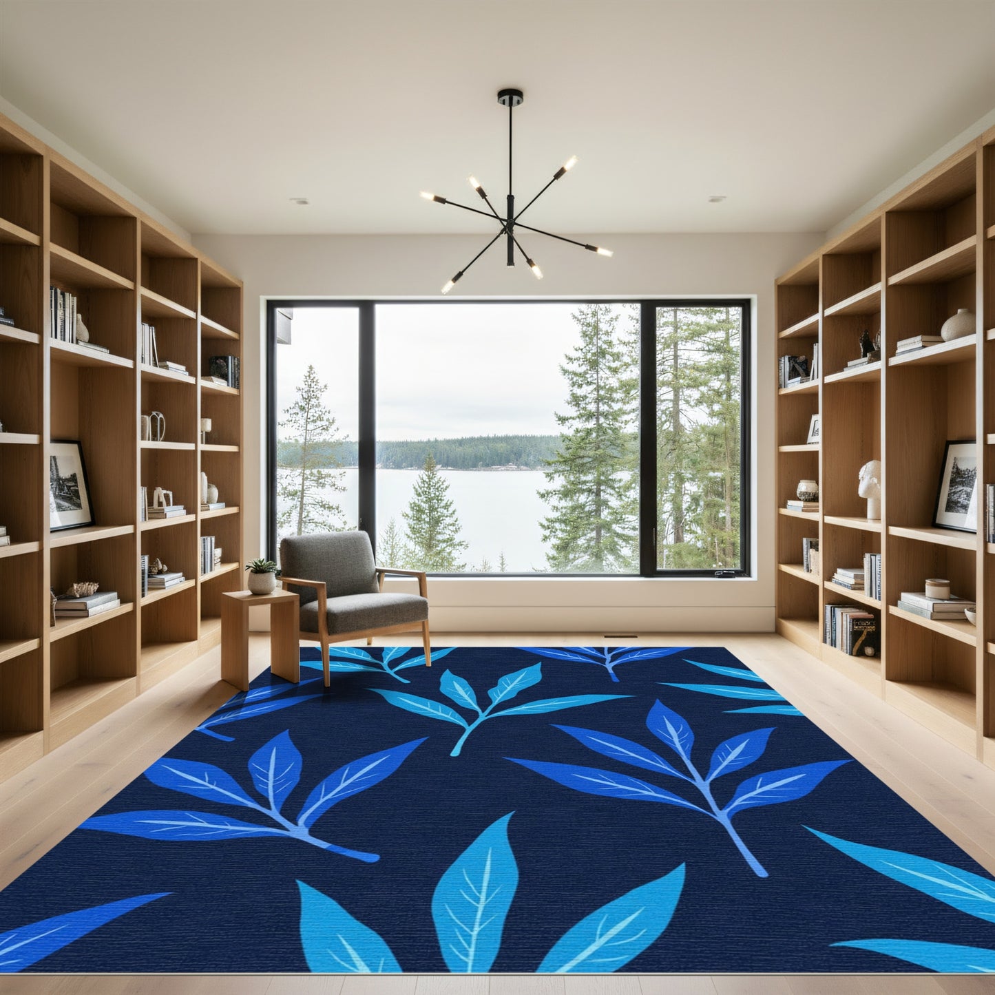 Deep Blue Foliage Branch Arrangement Rug
