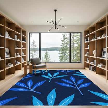 Deep Blue Foliage Branch Arrangement Rug