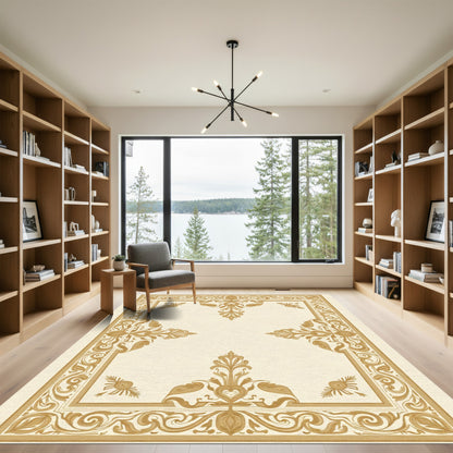 Golden Ornate Scrollwork Border Rug