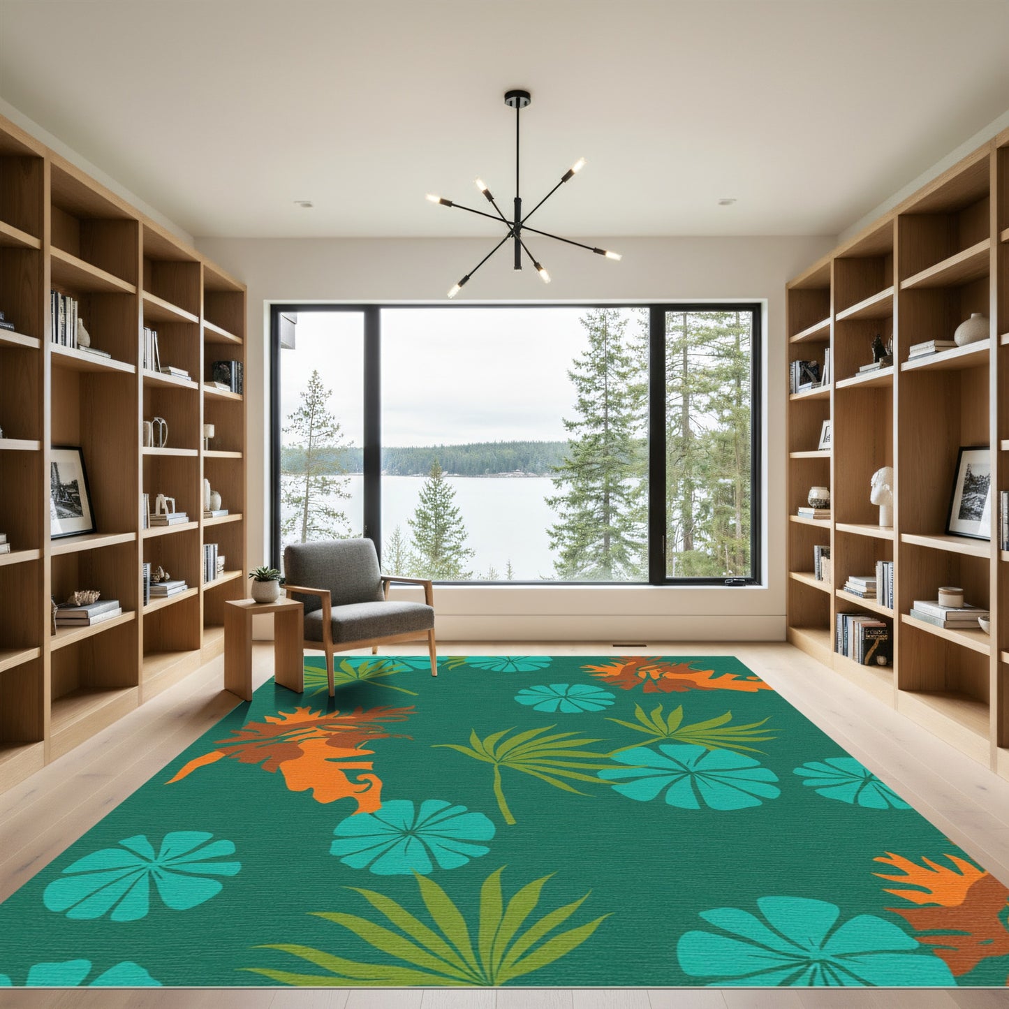 Teal Orange Green Tropical Foliage Collage Rug