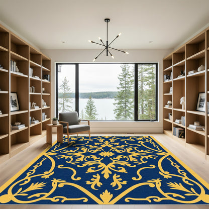 Golden Filigree on Navy Blue Rug