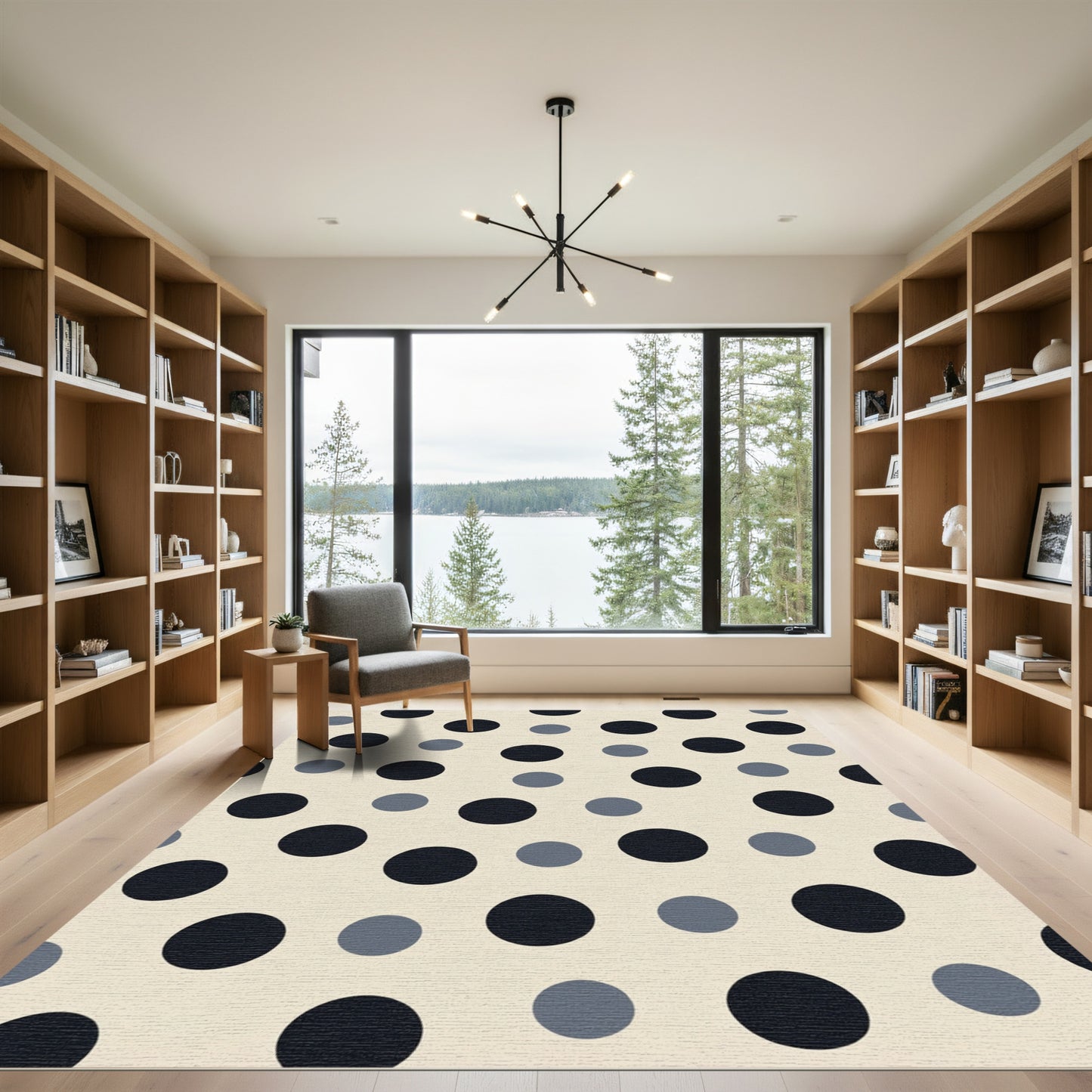 Modern Cream Black Blue Dots Rug