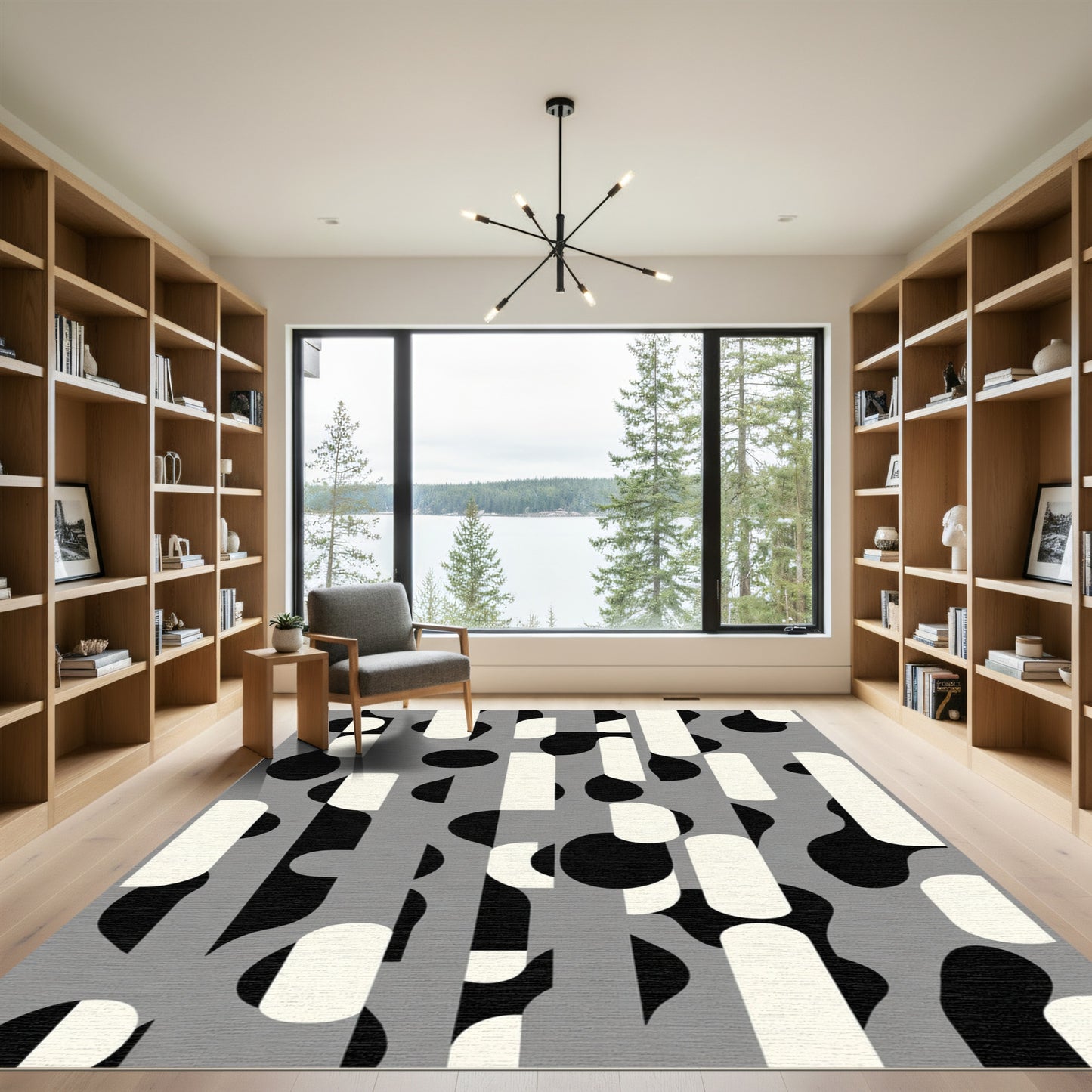 Modern Gray Black White Organic Forms Rug