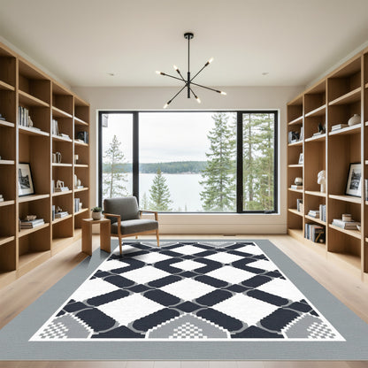 Geometric Lattice Dark Blue White Rug