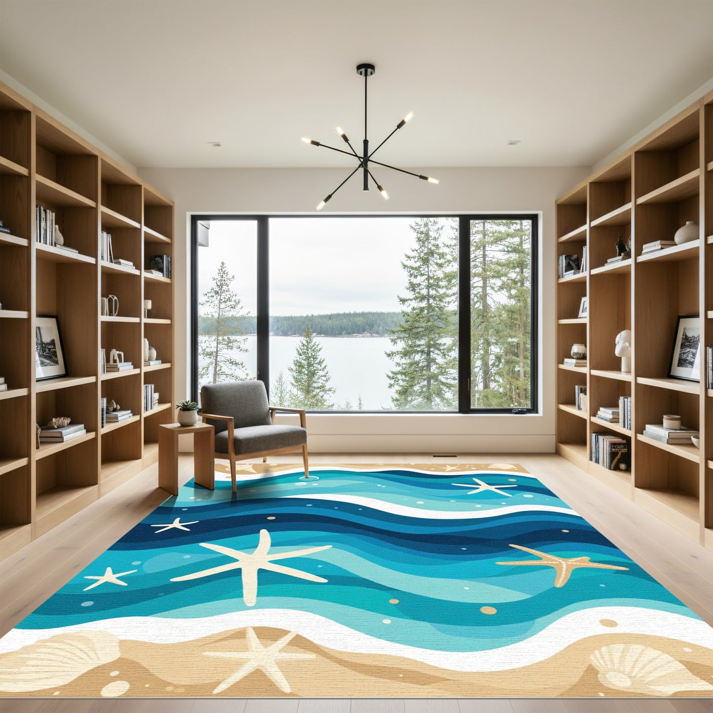 Coastal Blue Ocean Starfish Waves Rug