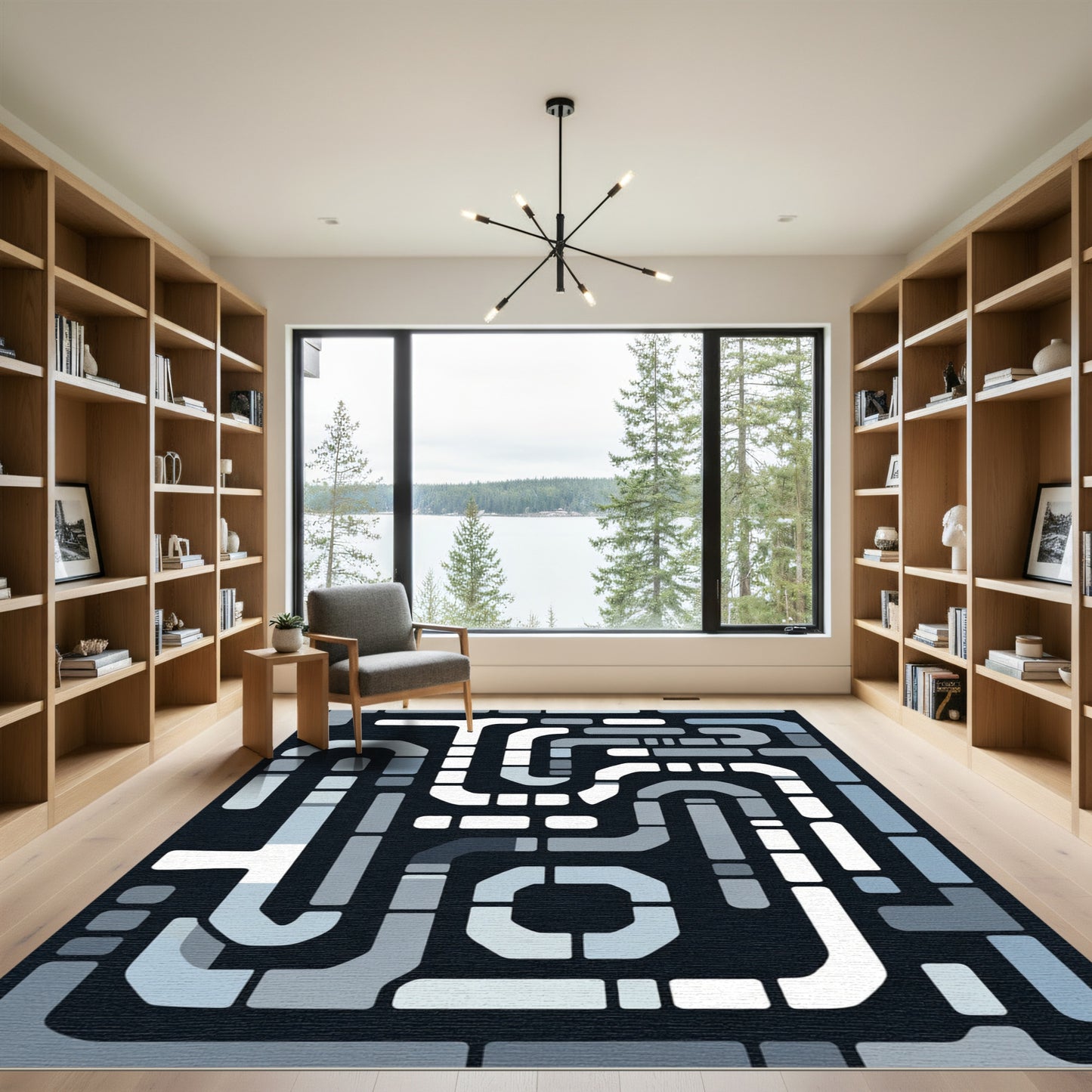 Cool Blue Geometric Maze Rug