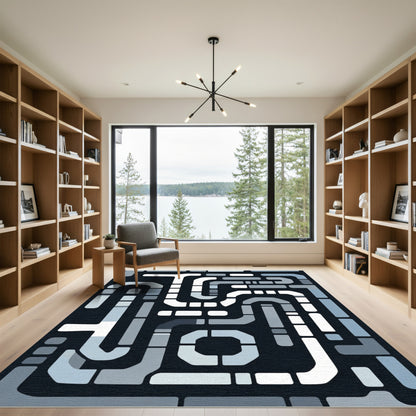 Cool Blue Geometric Maze Rug