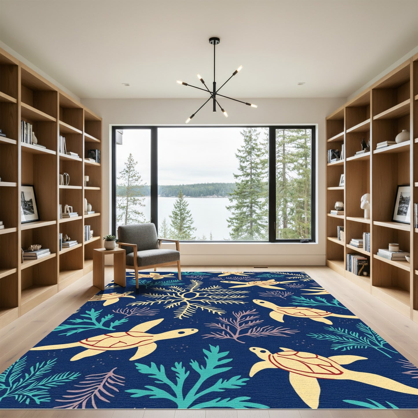 Yellow Sea Turtle Coral Navy Rug
