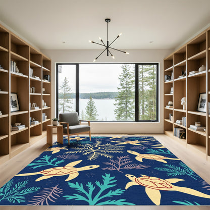 Yellow Sea Turtle Coral Navy Rug