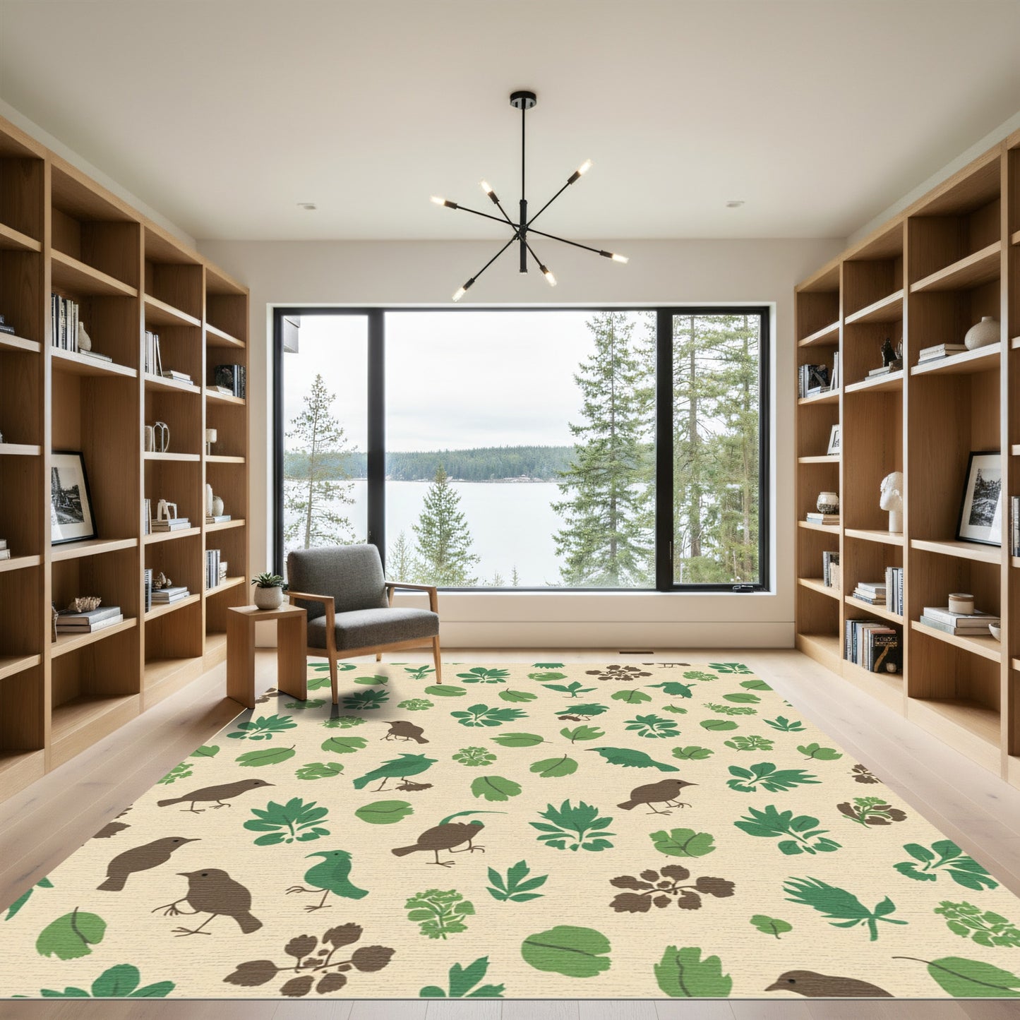 Green Bird Leafy Foliage Composition Rug