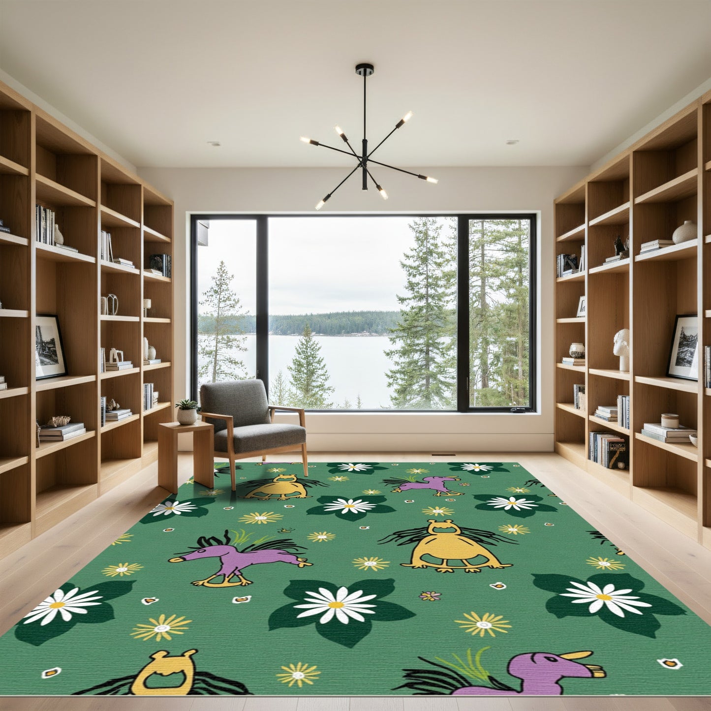 Whimsical Purple Yellow Creatures Flowers Rug