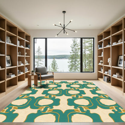 Teal Gold Curvy Ogee Medallion Rug