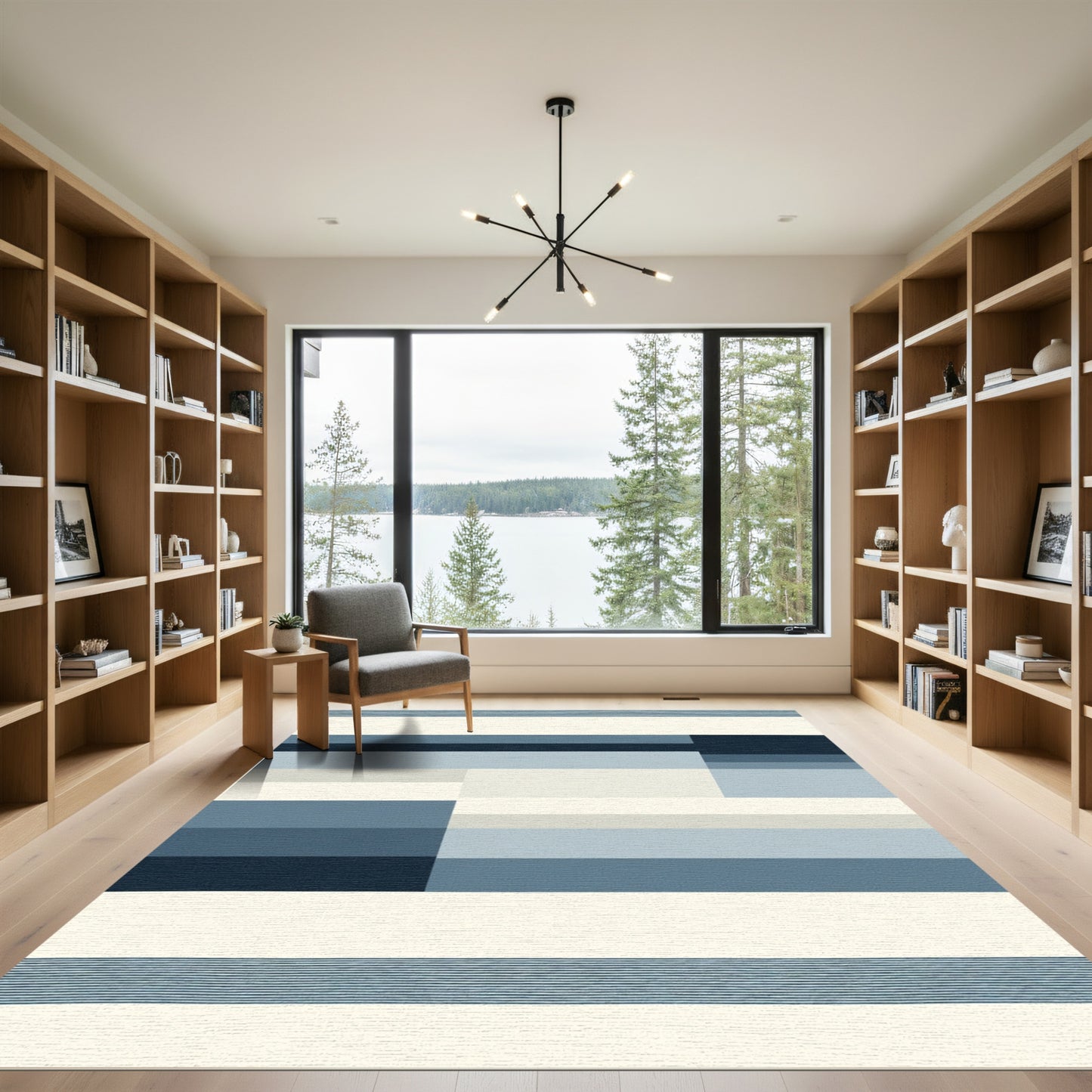 Geometric Blue Layered Stripe Rug