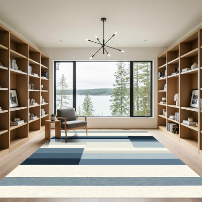 Geometric Blue Layered Stripe Rug