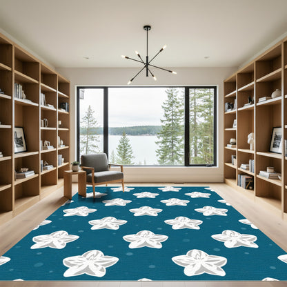 White Starflowers on Deep Blue Background Rug