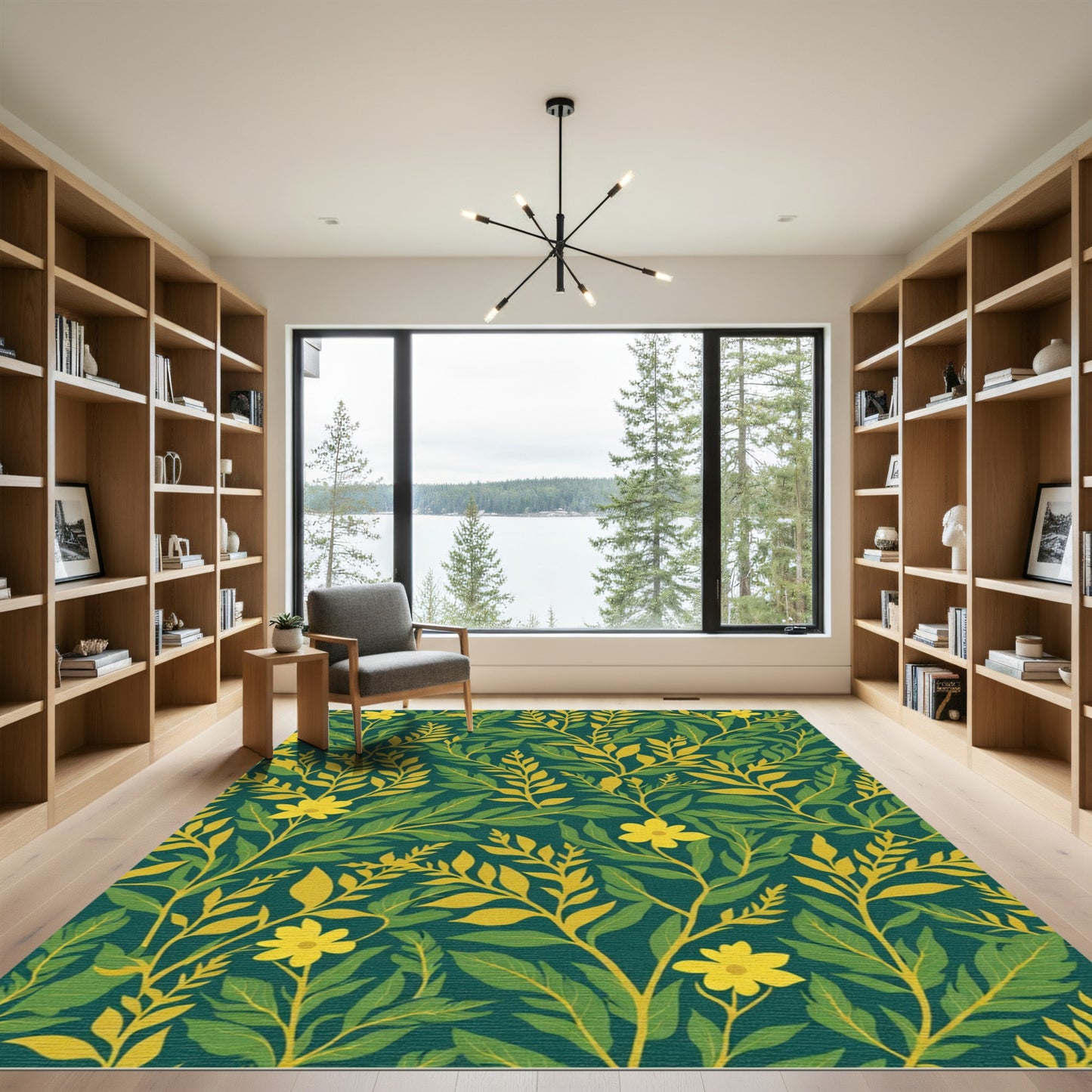 Vibrant Yellow Floral Leaf Pattern Rug