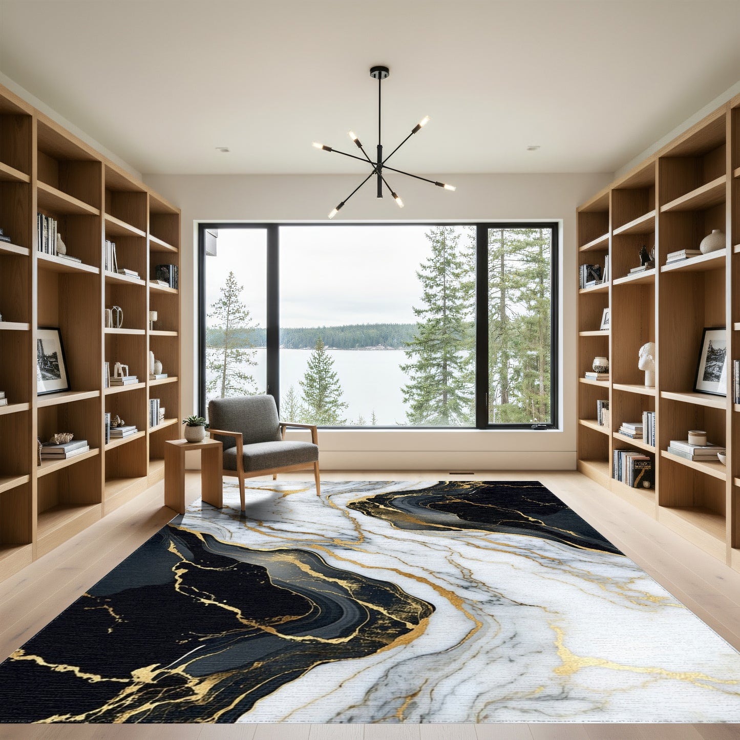 White Black Gold Veined Marble Rug