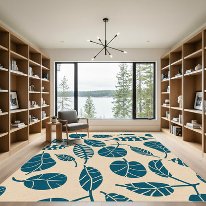 Deep Blue Leafy Collage on Beige Rug