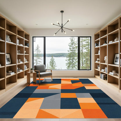 Deep Blue Orange Geometric Squares Rug