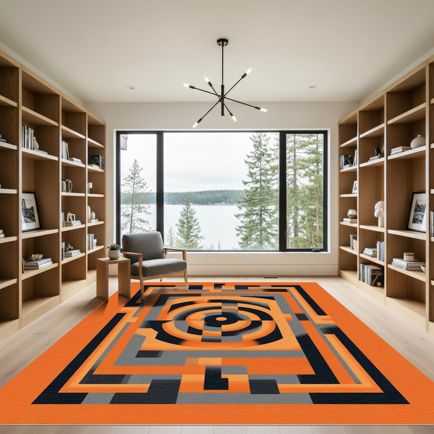 Vivid Orange Geometric Concentric Circles Rug