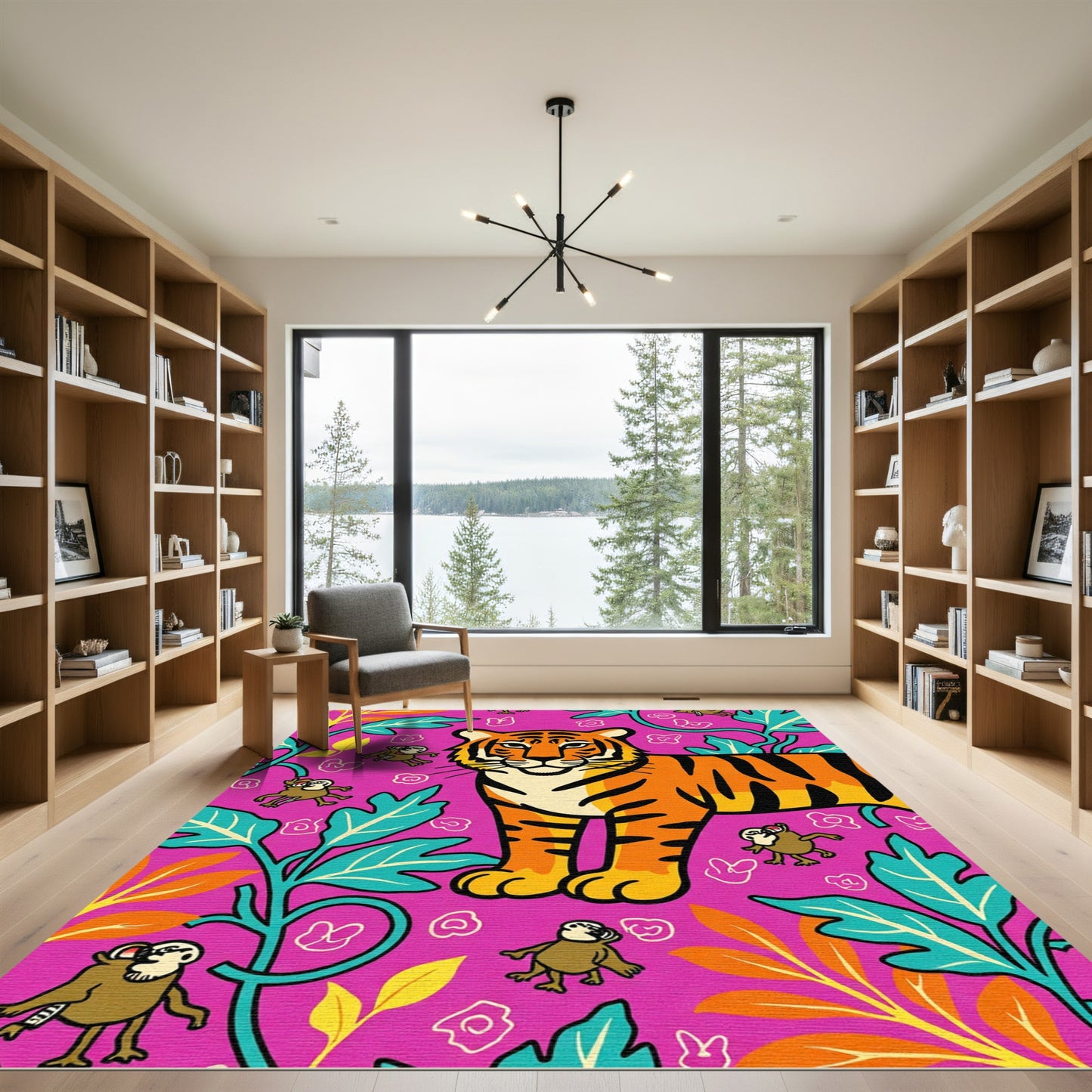 Vibrant Pink Tiger Jungle Monkey Rug