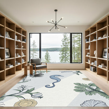 Serene Blue Seahorse Botanical Frame Rug