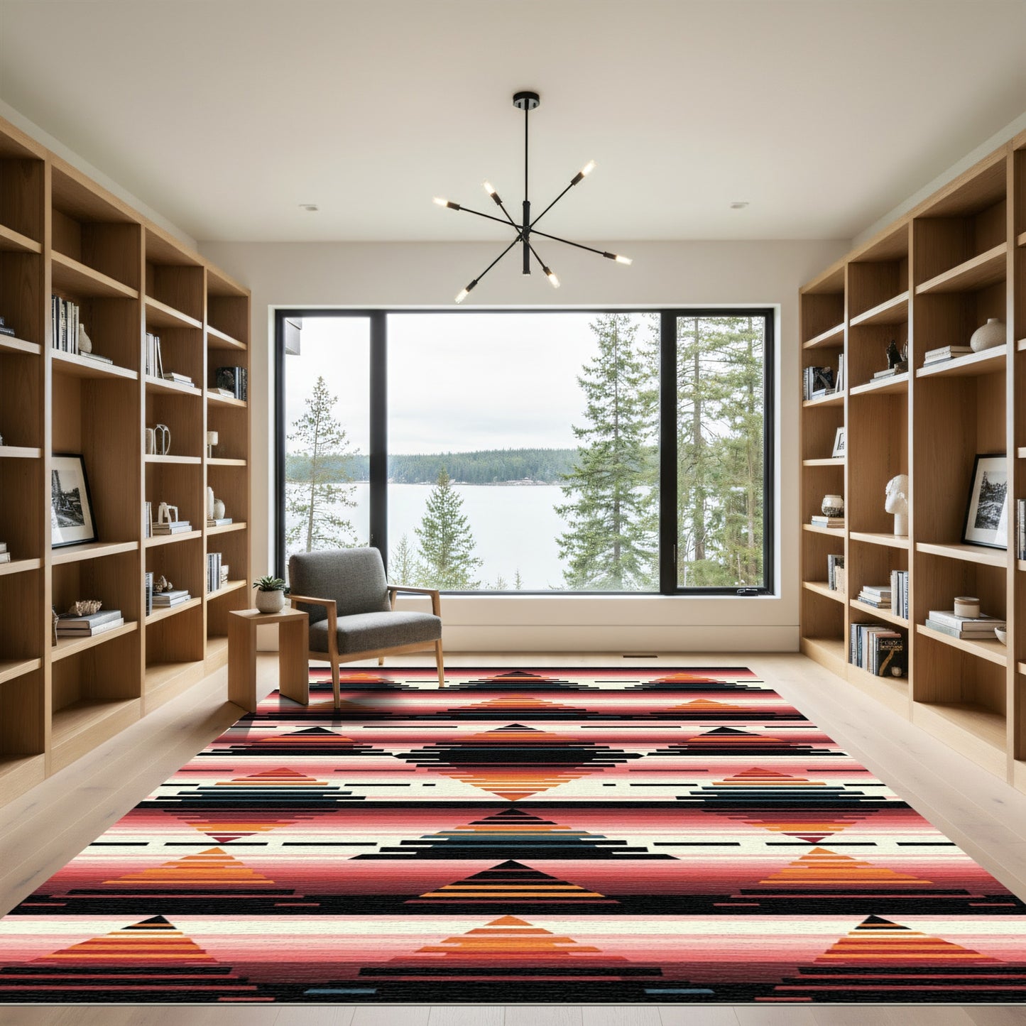 Crimson Orange Geometric Diamond Bands Rug