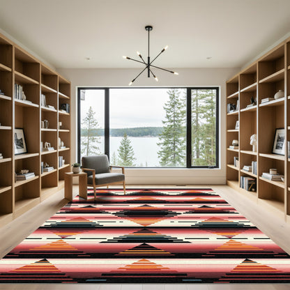 Crimson Orange Geometric Diamond Bands Rug