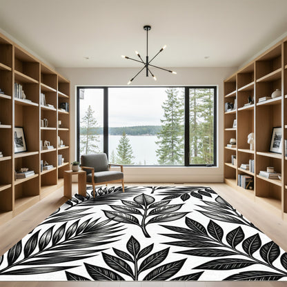 Monochrome Tropical Leaves Foliage Rug