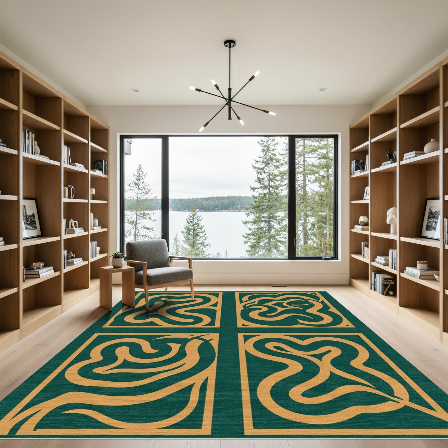 Emerald Golden Abstract Organic Squares Rug