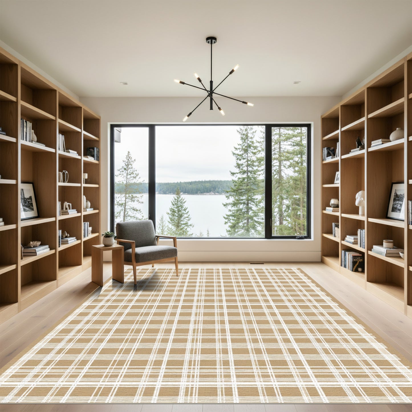 Classic Tan White Gingham Grid Rug
