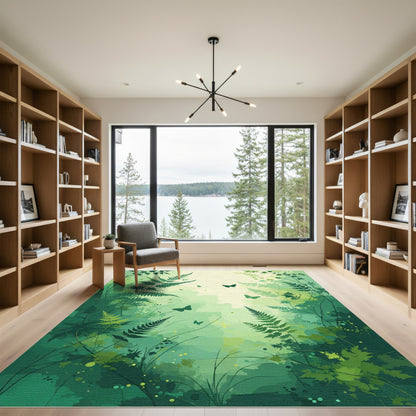 Lush Green Forest Fern Butterfly Scape Rug